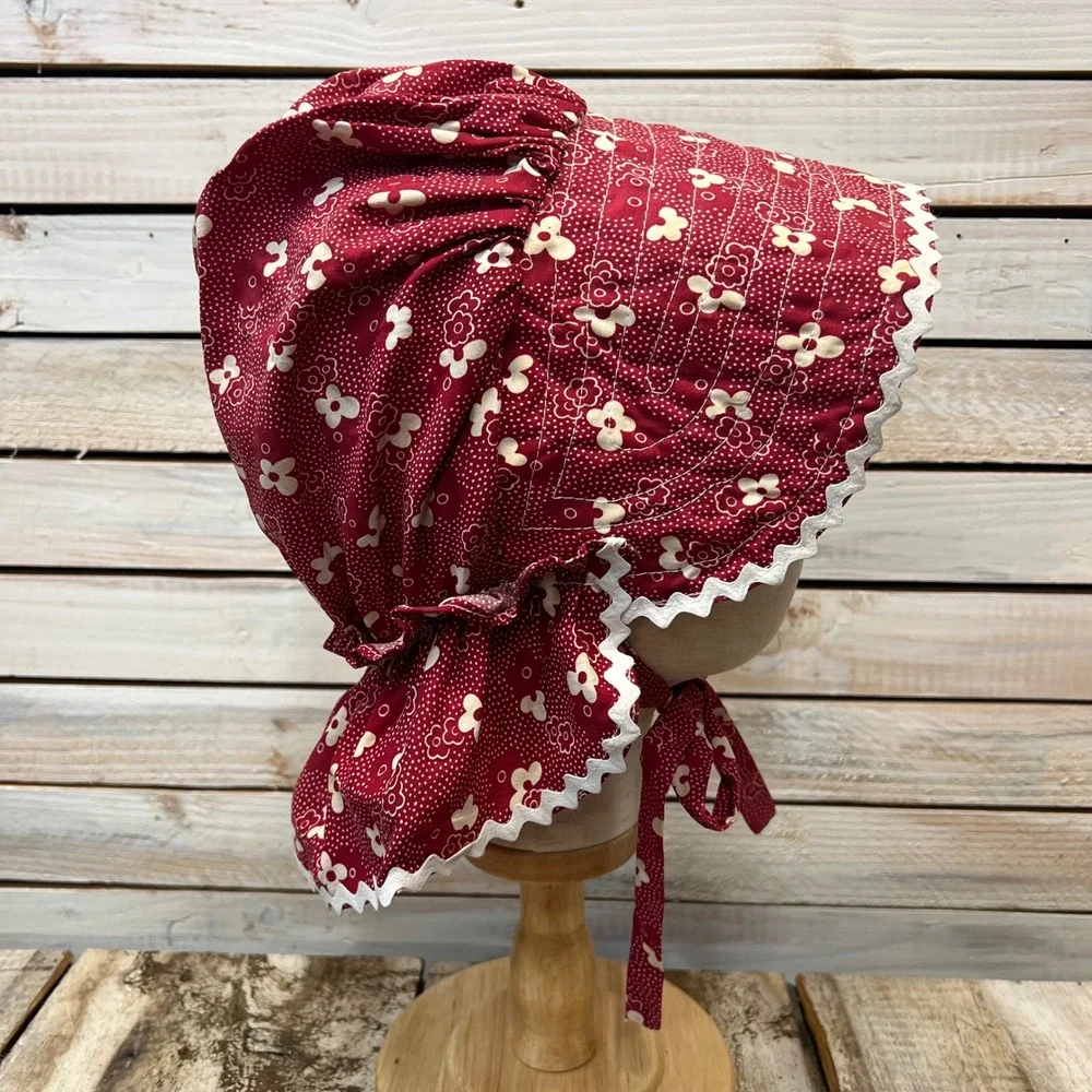 Vintage Prairie Sun Bonnet Red Floral Calico Cotton Pioneer Cottagecore Hat